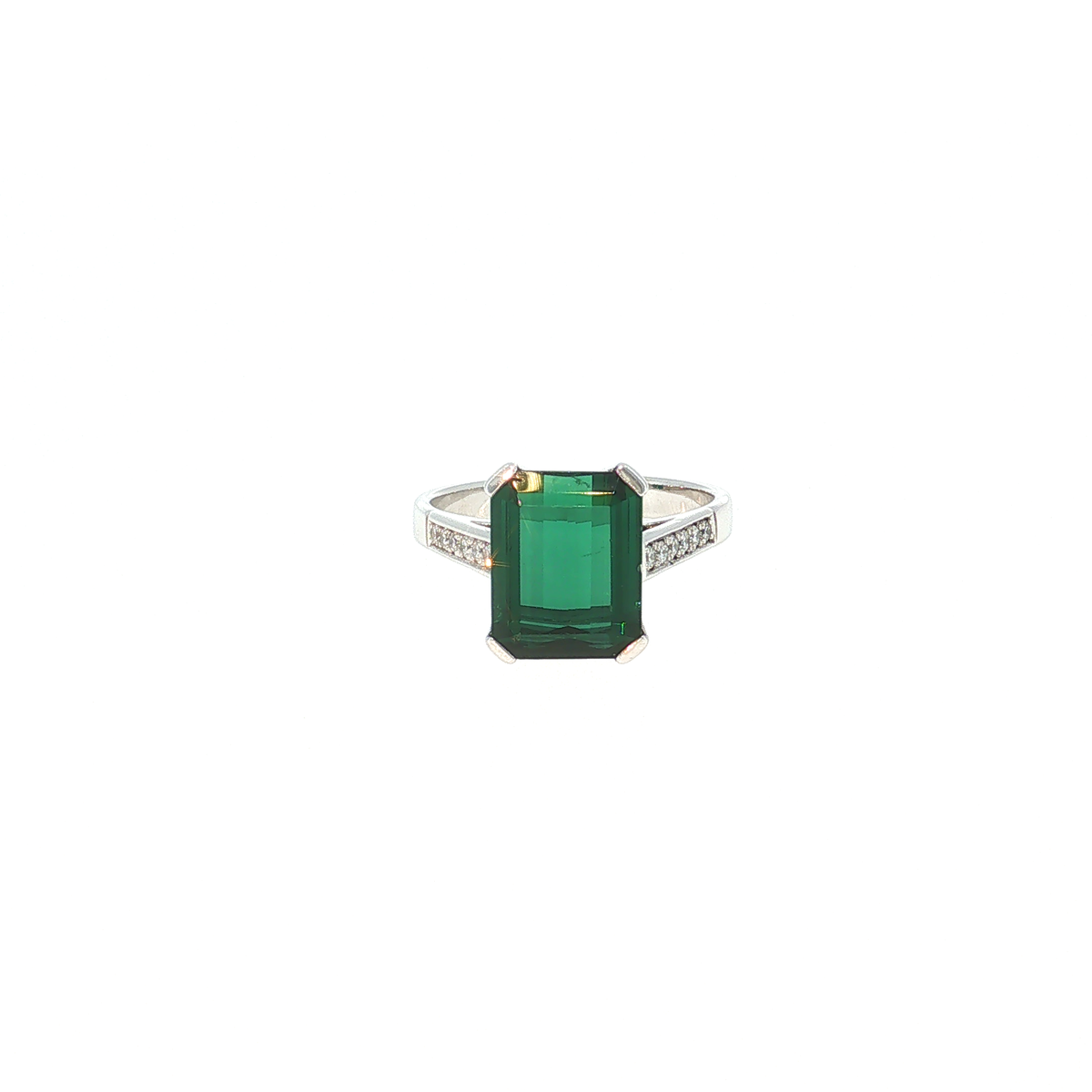 White Gold Ring with Emerald-Cut Green Tourmaline and Accent Stones
