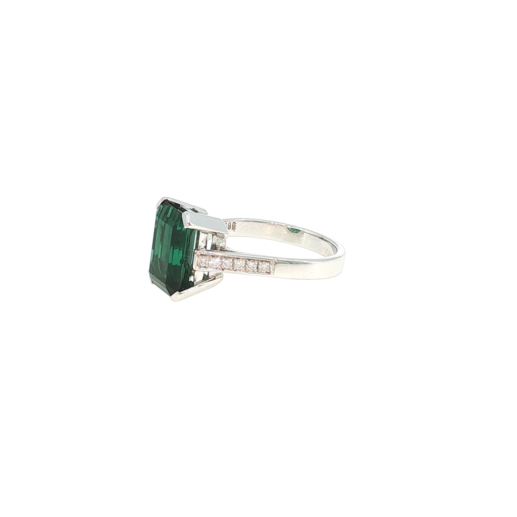 White Gold Ring with Emerald-Cut Green Tourmaline and Accent Stones