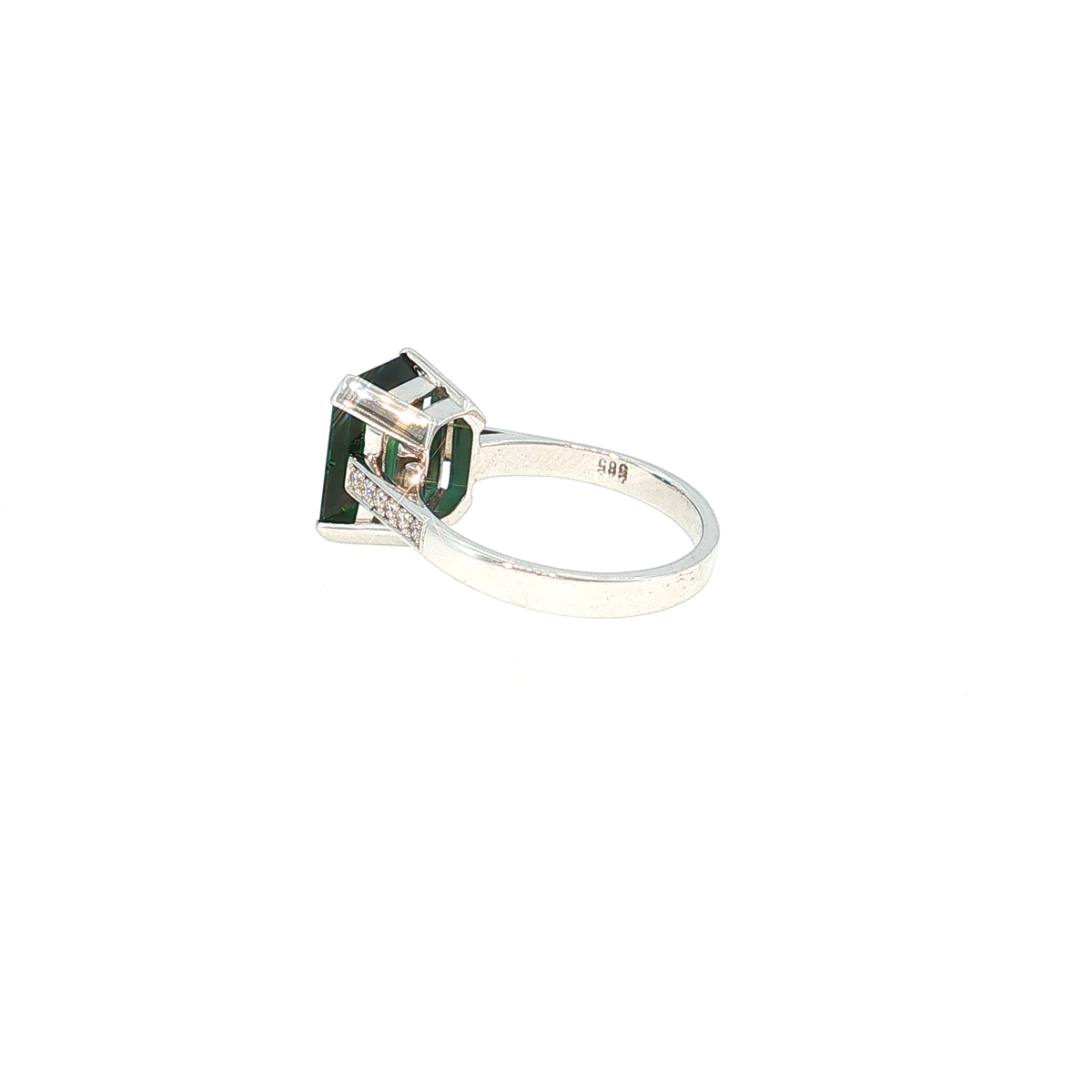 White Gold Ring with Emerald-Cut Green Tourmaline and Accent Stones
