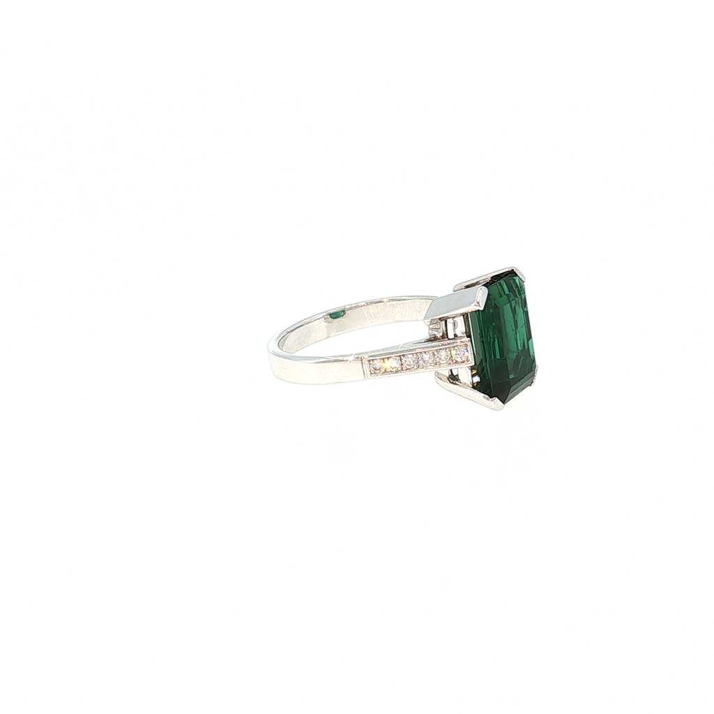 White Gold Ring with Emerald-Cut Green Tourmaline and Accent Stones