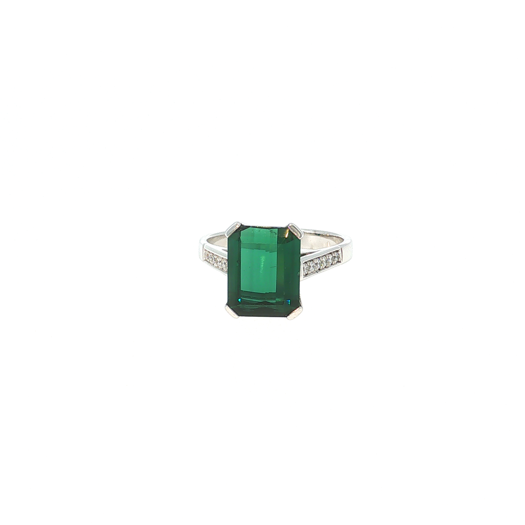 White Gold Ring with Emerald-Cut Green Tourmaline and Accent Stones