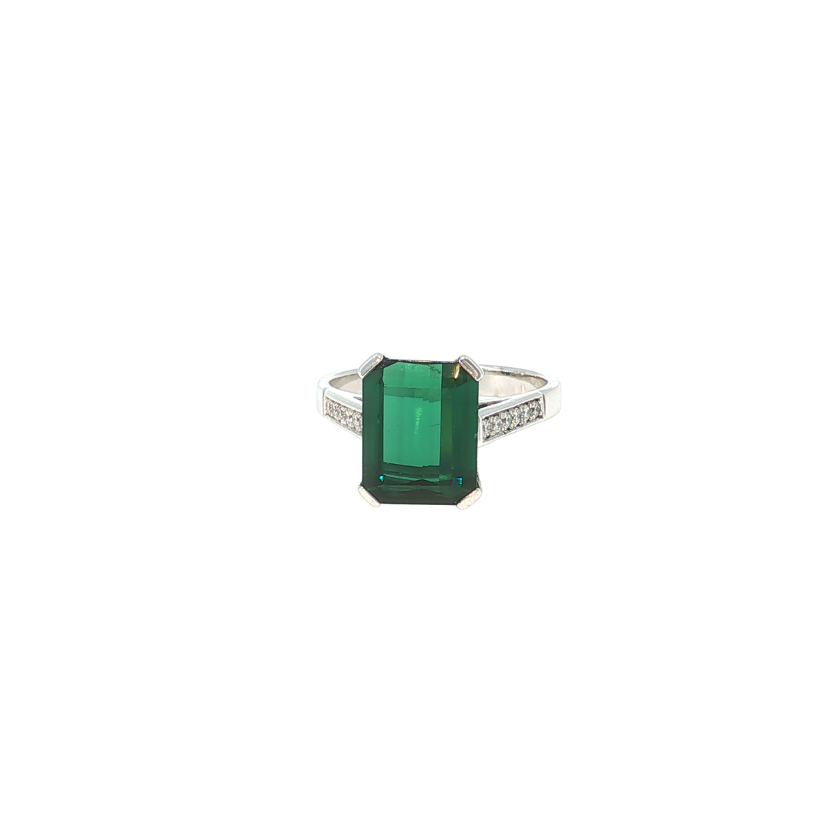 White Gold Ring with Emerald-Cut Green Tourmaline and Accent Stones