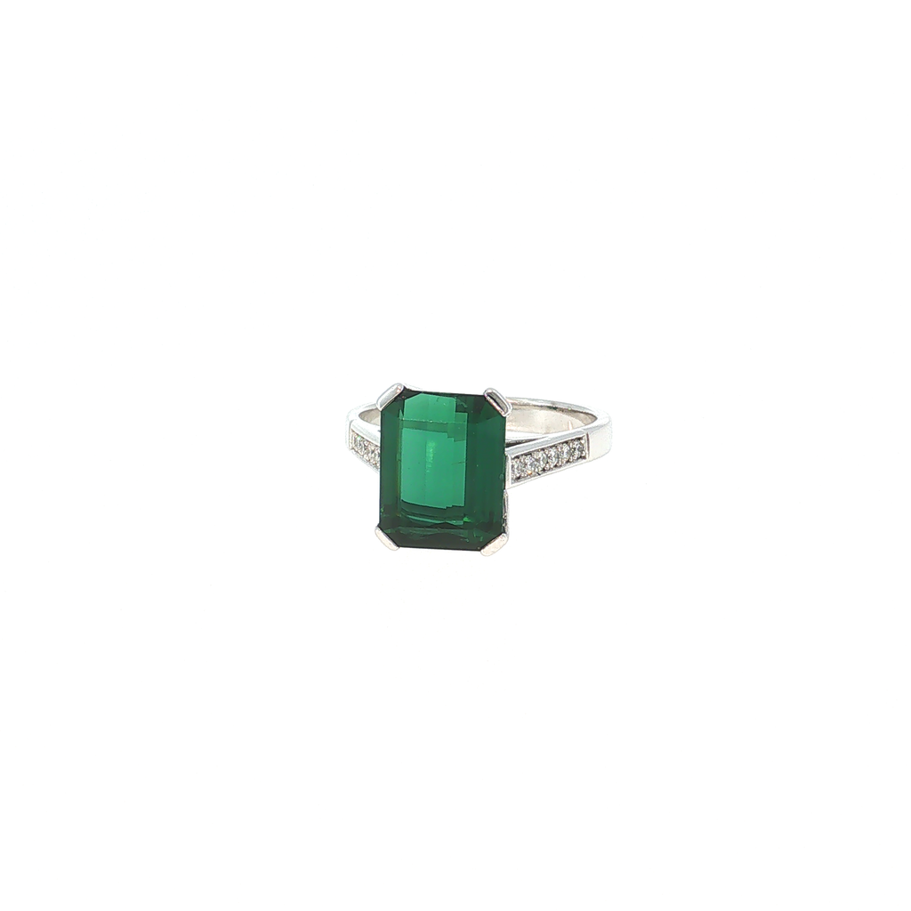 White Gold Ring with Emerald-Cut Green Tourmaline and Accent Stones