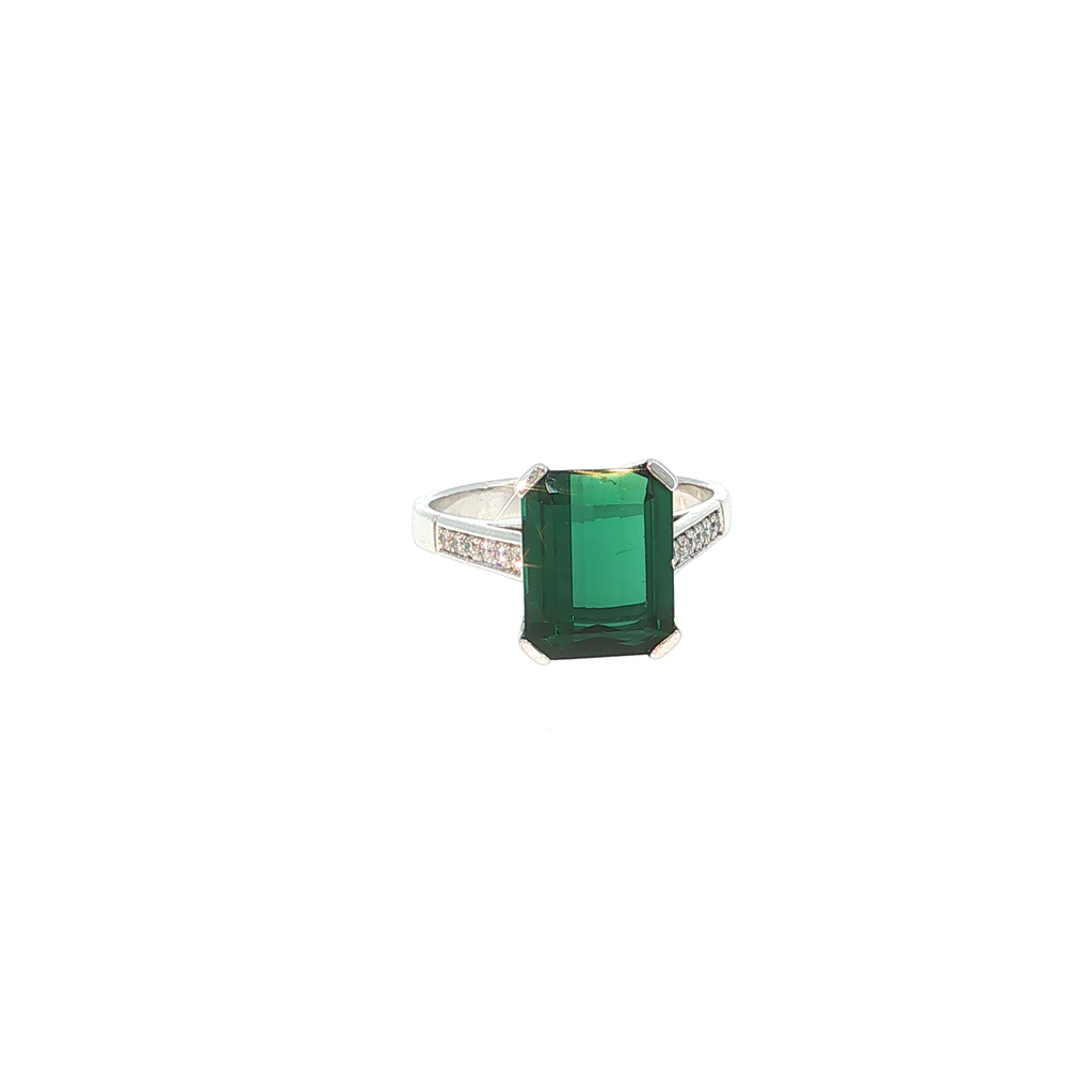 White Gold Ring with Emerald-Cut Green Tourmaline and Accent Stones