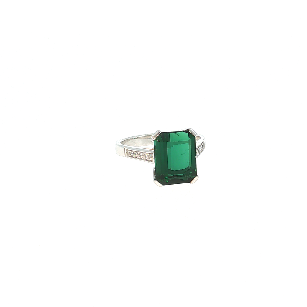 White Gold Ring with Emerald-Cut Green Tourmaline and Accent Stones
