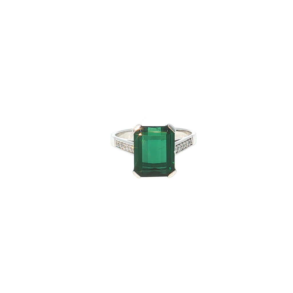 White Gold Ring with Emerald-Cut Green Tourmaline and Accent Stones