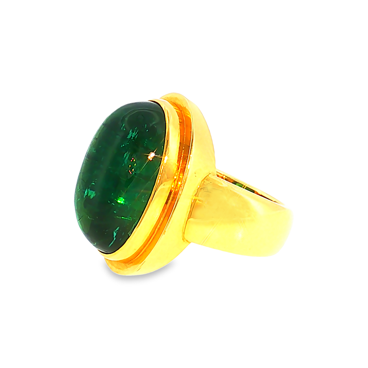 Yellow Gold Solitaire Ring with Green Tourmaline Cabochon