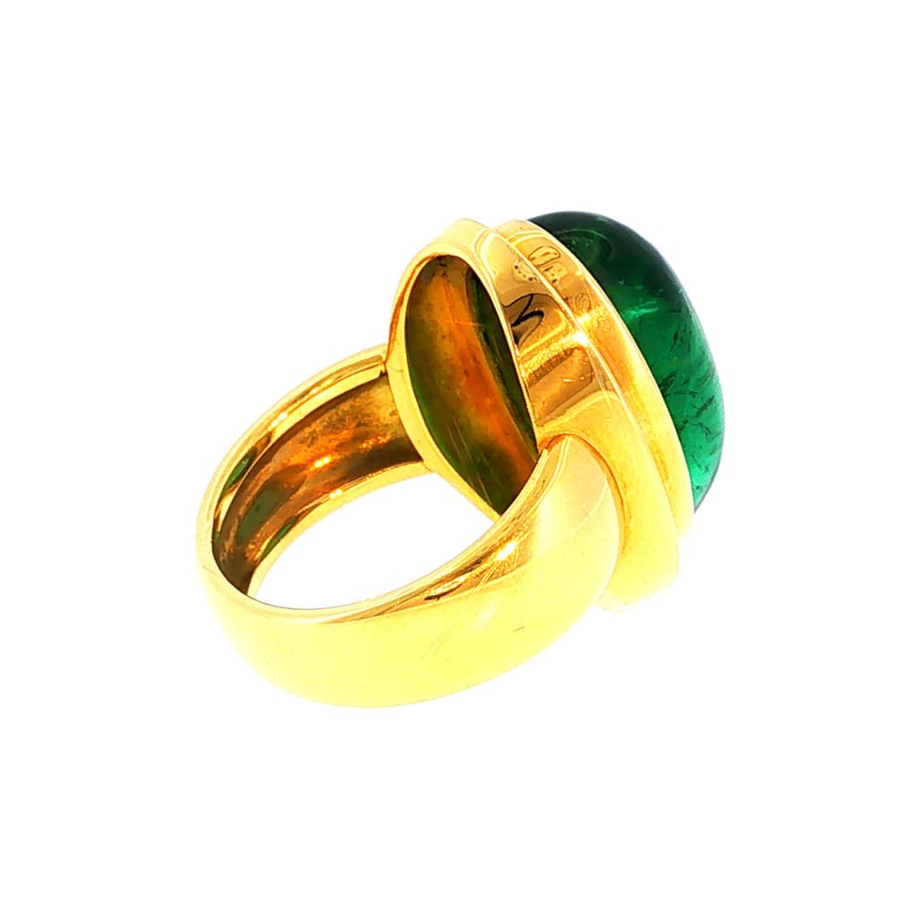 Gelbgold Solitärring mit grünem Turmalin-Cabochon