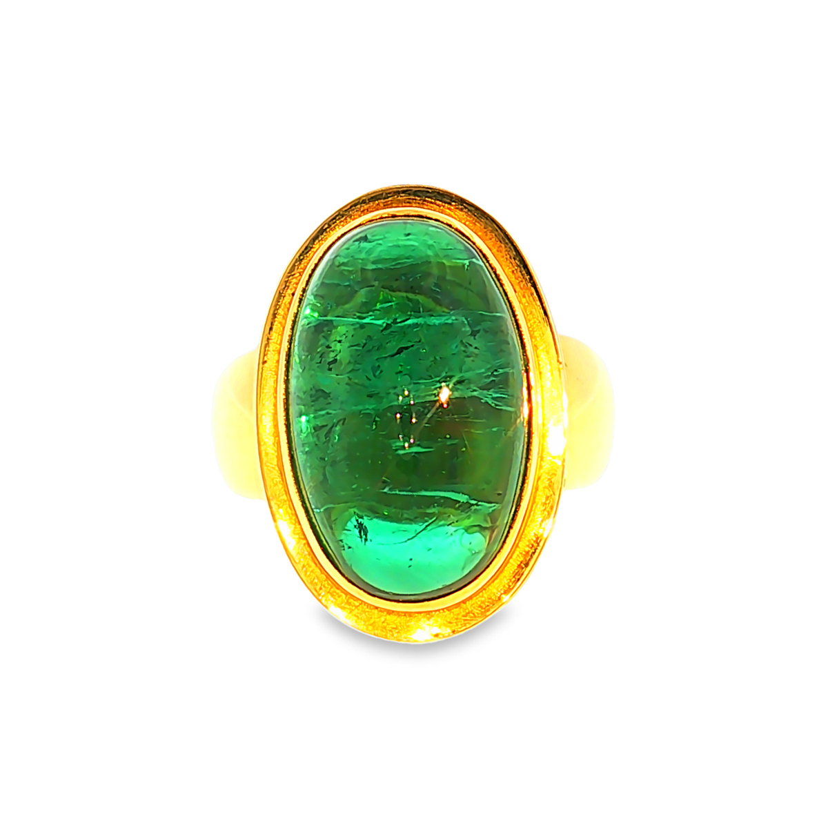 Yellow Gold Solitaire Ring with Green Tourmaline Cabochon