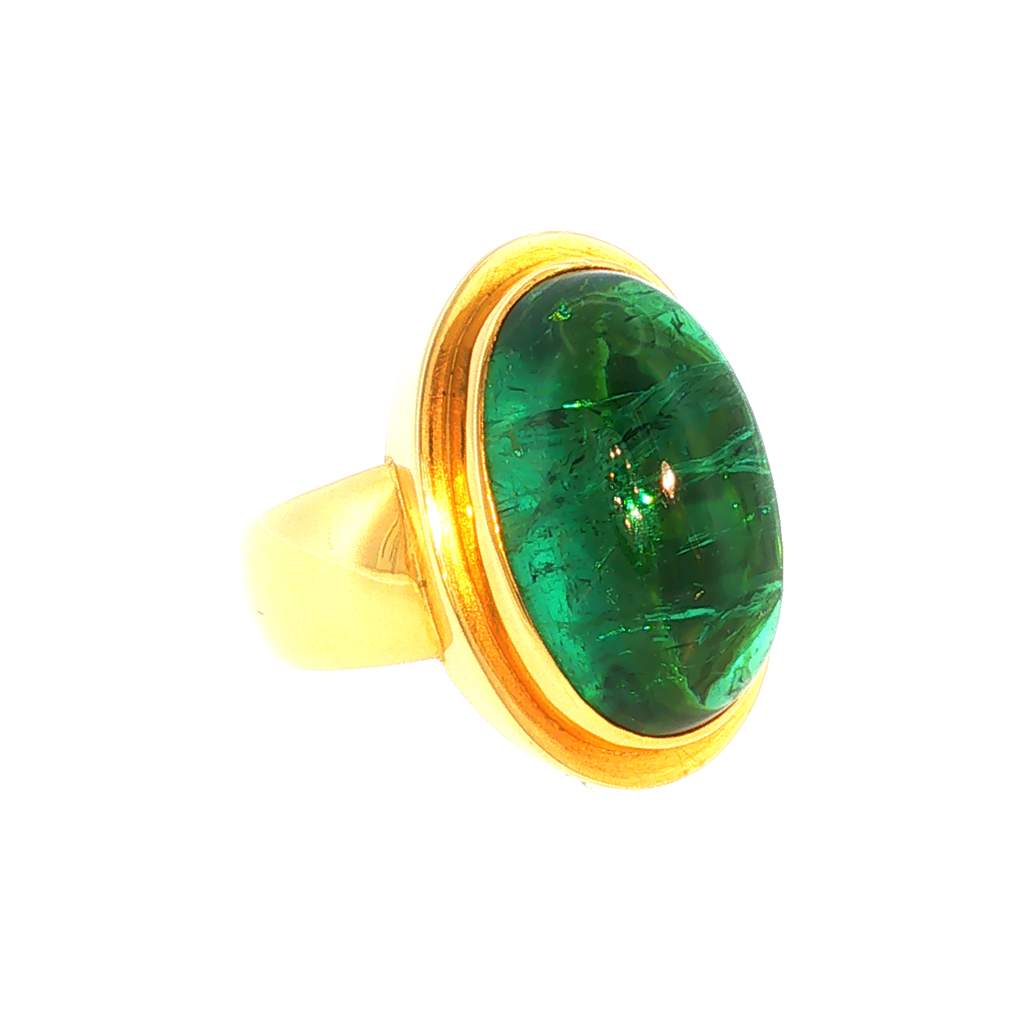 Gelbgold Solitärring mit grünem Turmalin-Cabochon