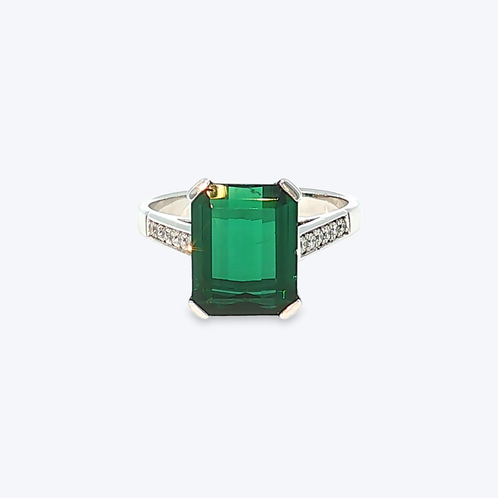 White Gold Ring with Emerald-Cut Green Tourmaline and Accent Stones