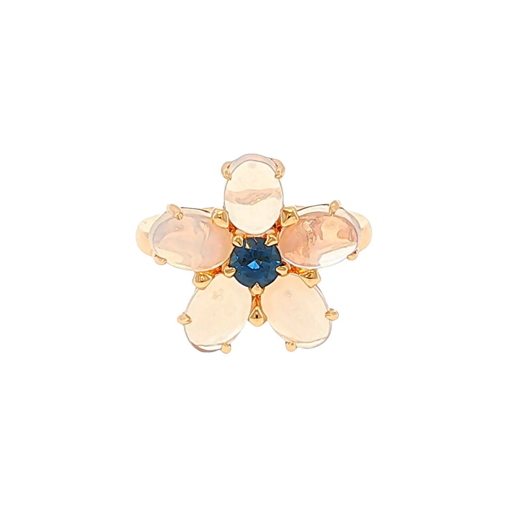 Floral Cocktail Ring with Moonstones and Sapphire in Rose Gold