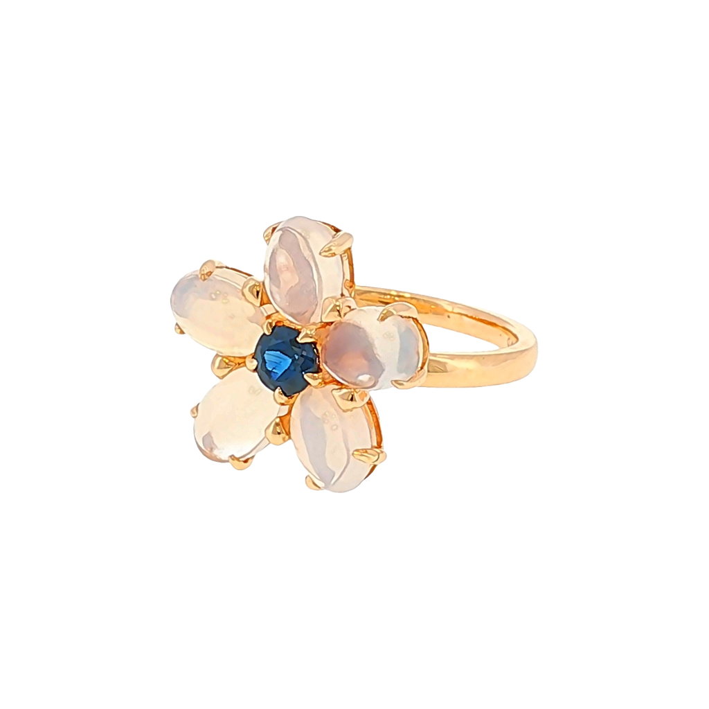 Floral Cocktail Ring with Moonstones and Sapphire in Rose Gold