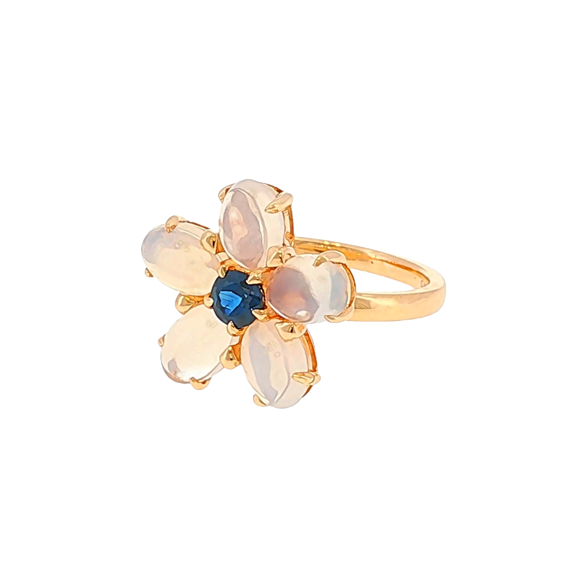 Floral Cocktail Ring with Moonstones and Sapphire in Rose Gold