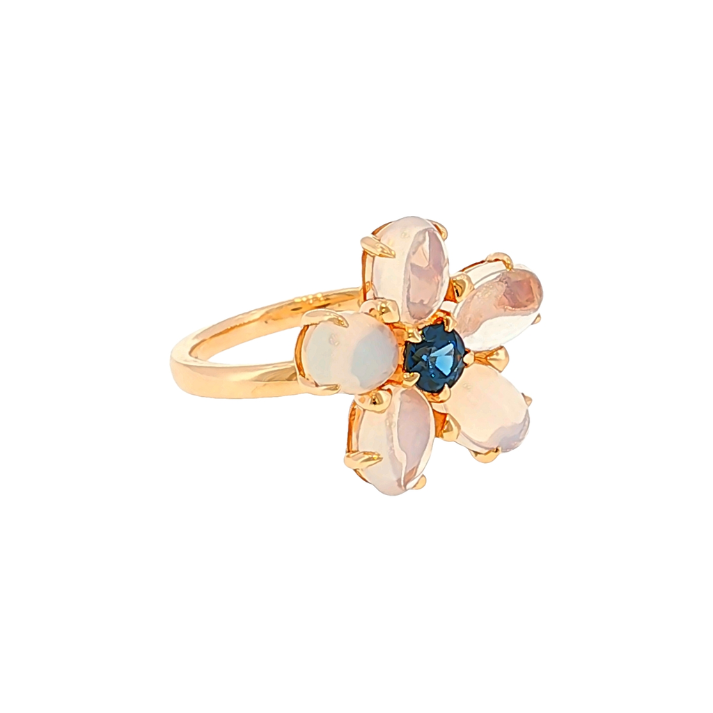 Floral Cocktail Ring with Moonstones and Sapphire in Rose Gold