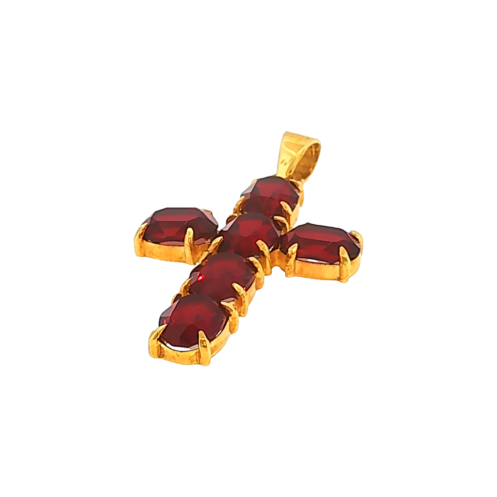 Kreuz-Anhänger mit Rhodolithen in Gelbgold