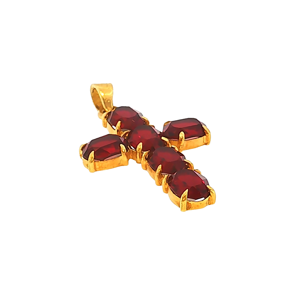 Kreuz-Anhänger mit Rhodolithen in Gelbgold
