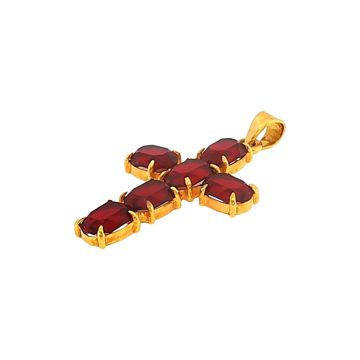 Kreuz-Anhänger mit Rhodolithen in Gelbgold