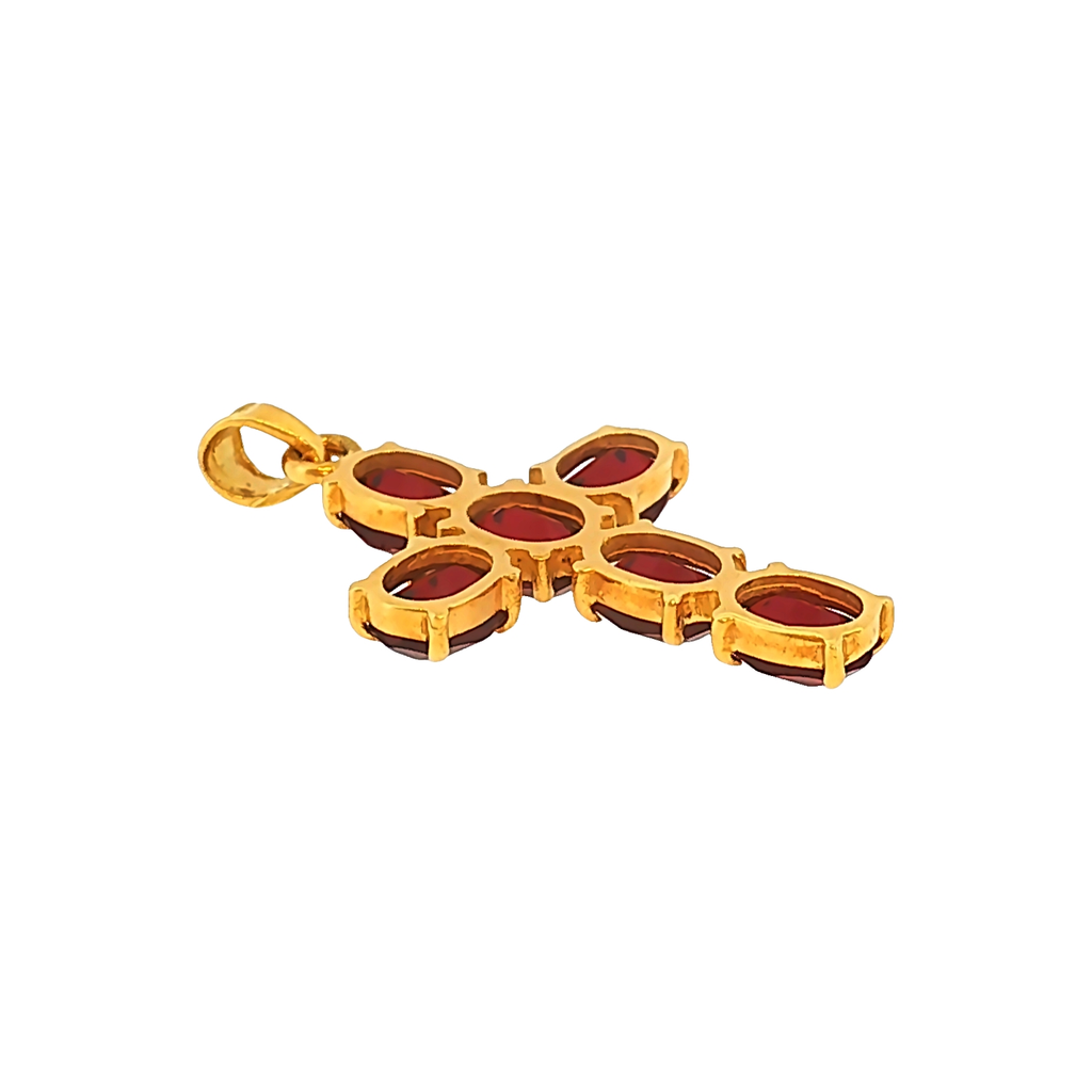 Kreuz-Anhänger mit Rhodolithen in Gelbgold