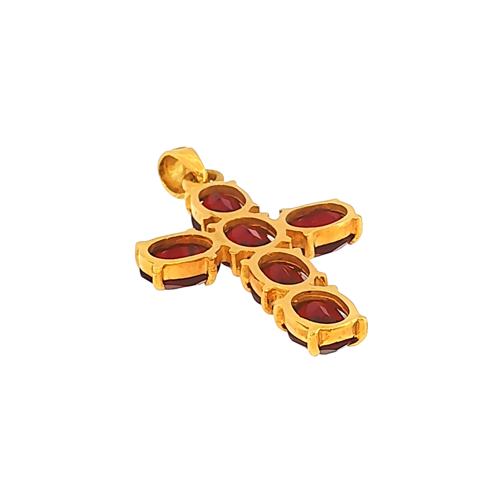 Kreuz-Anhänger mit Rhodolithen in Gelbgold