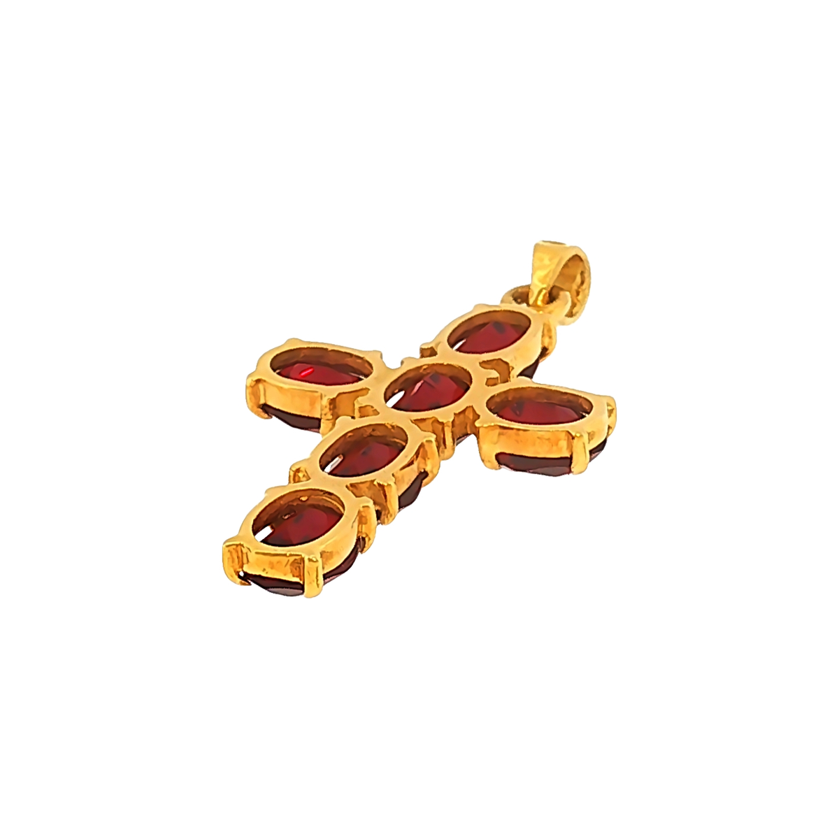 Kreuz-Anhänger mit Rhodolithen in Gelbgold