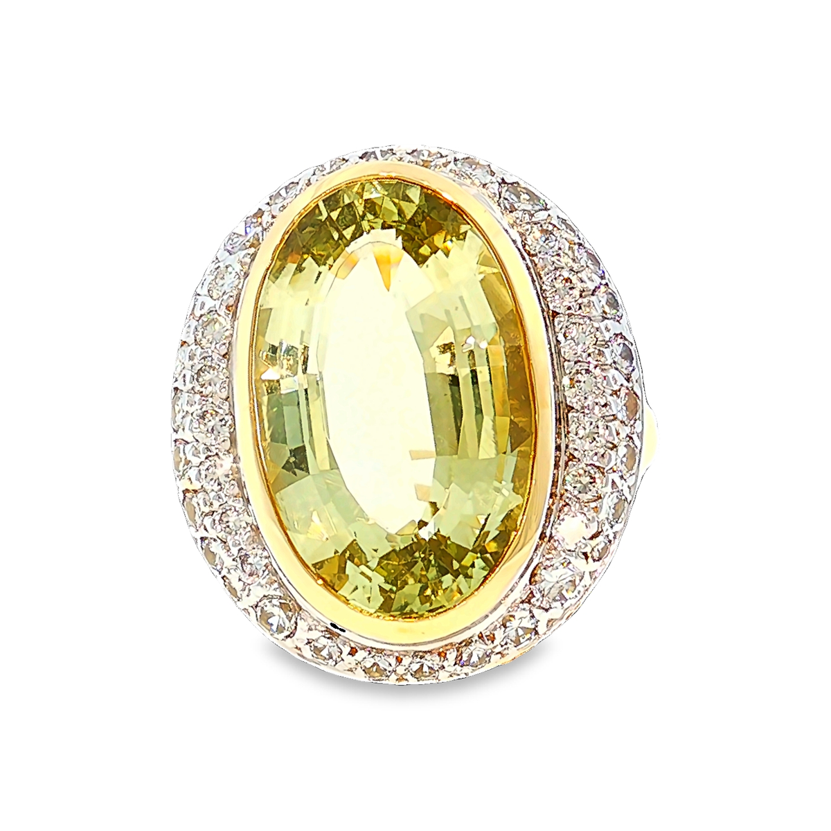 Golden Beryl Ring with Diamond Halo in White and Yellow Gold