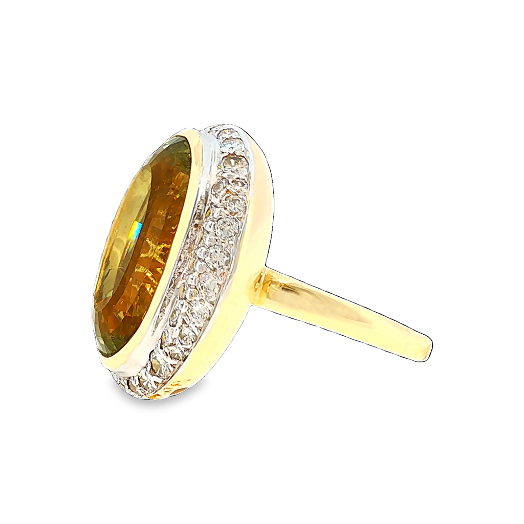 Golden Beryl Ring with Diamond Halo in White and Yellow Gold