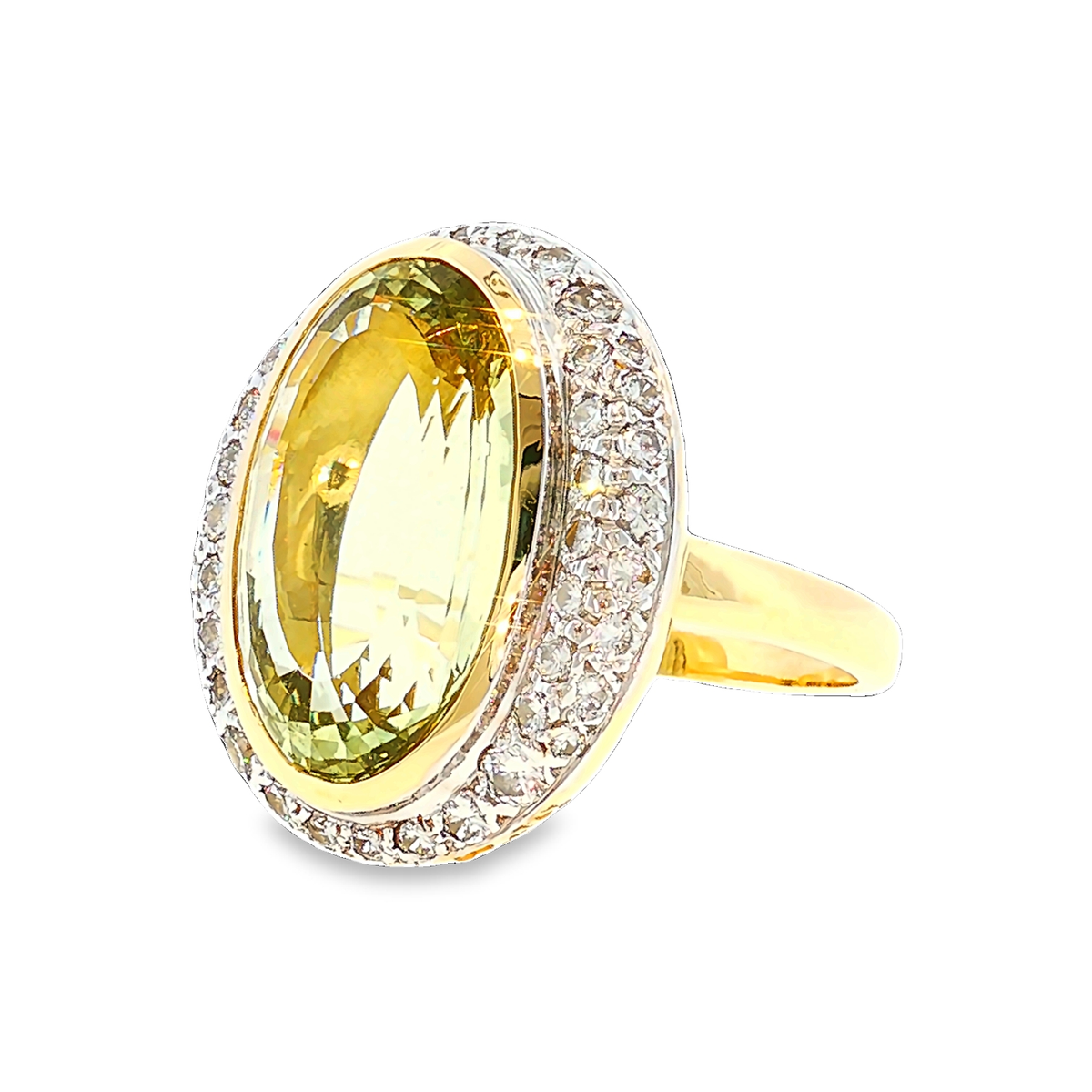 Golden Beryl Ring with Diamond Halo in White and Yellow Gold