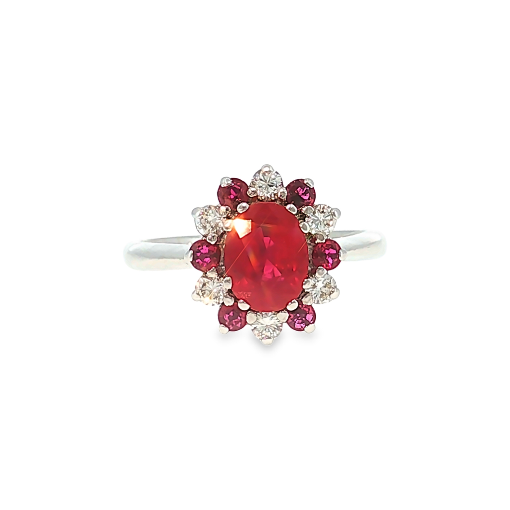 Cocktail Ring in White Gold with Ruby and Diamond Halo