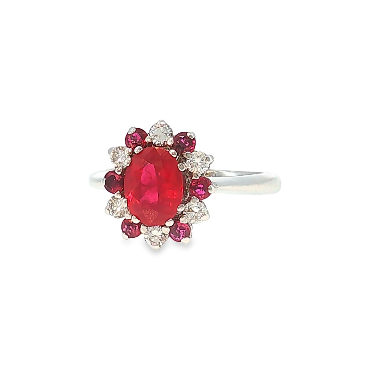 Cocktail Ring in White Gold with Ruby and Diamond Halo