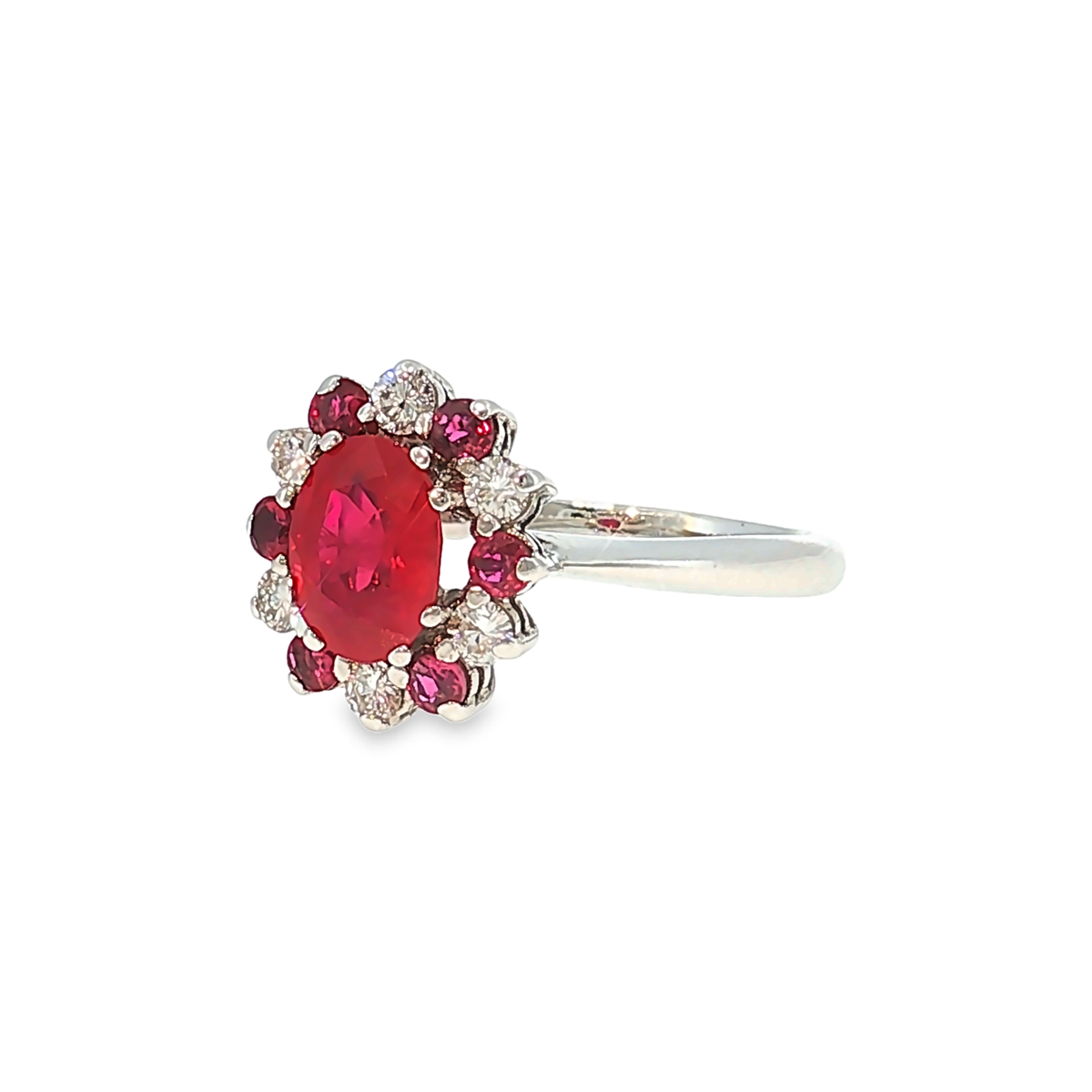 Cocktail Ring in White Gold with Ruby and Diamond Halo