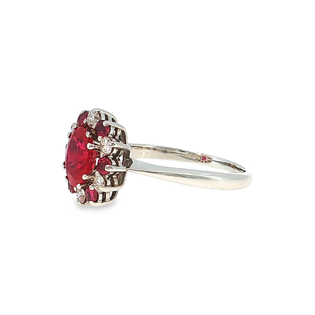 Cocktail Ring in White Gold with Ruby and Diamond Halo
