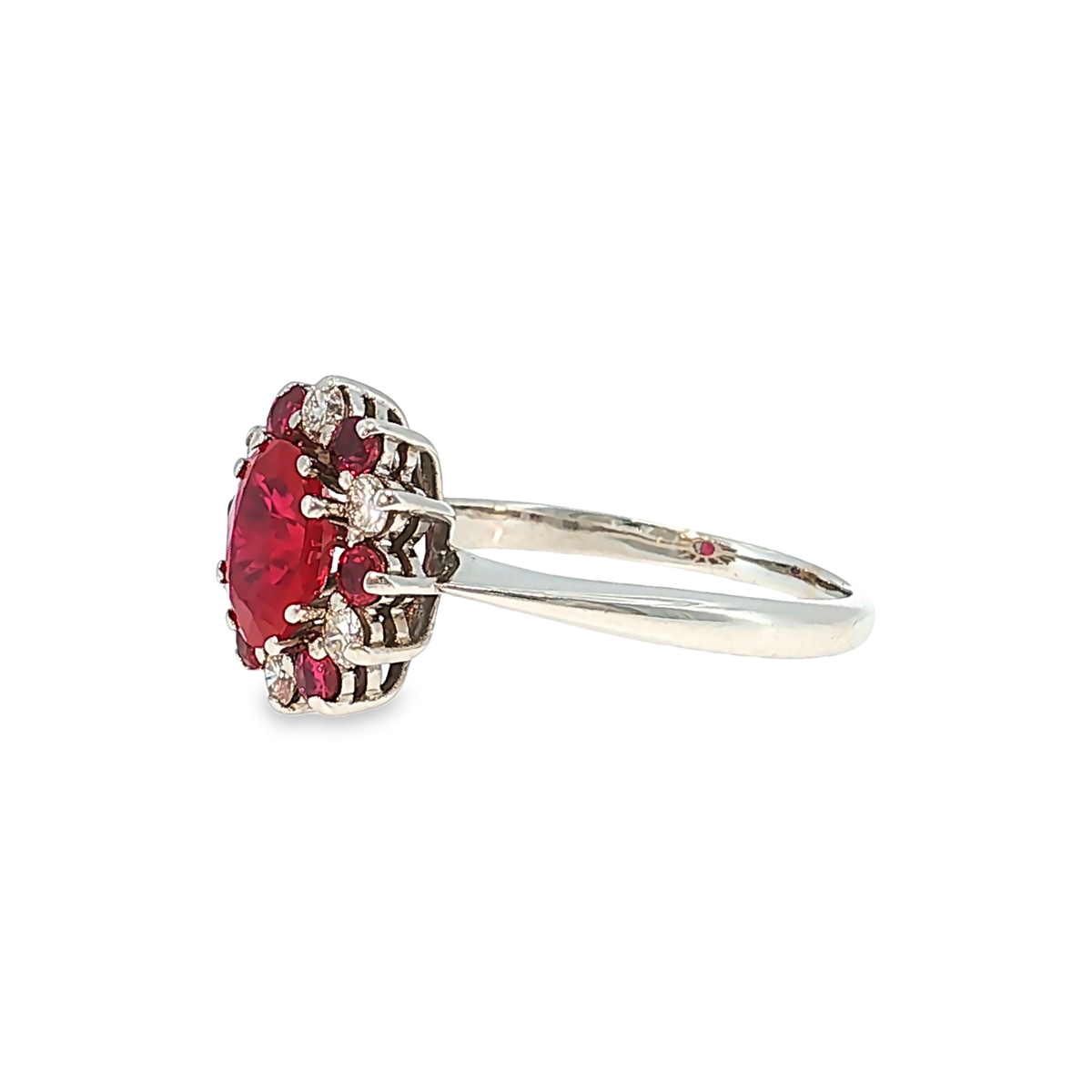 Cocktail Ring in White Gold with Ruby and Diamond Halo