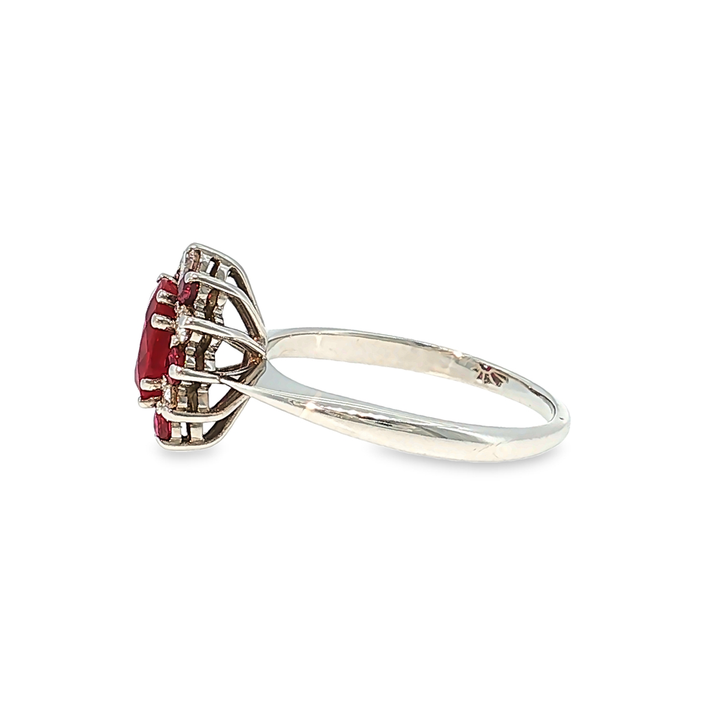 Cocktail Ring in White Gold with Ruby and Diamond Halo
