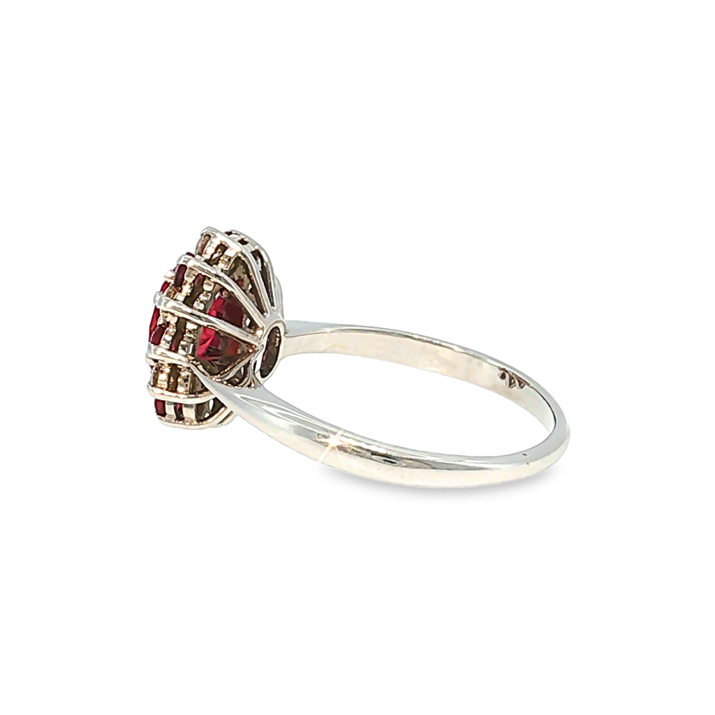 Cocktail Ring in White Gold with Ruby and Diamond Halo