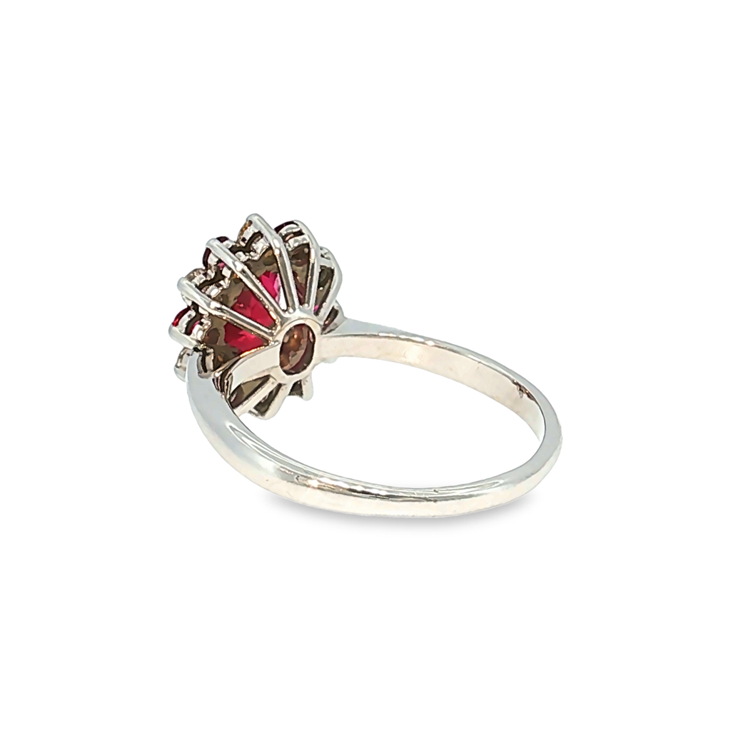 Cocktail Ring in White Gold with Ruby and Diamond Halo