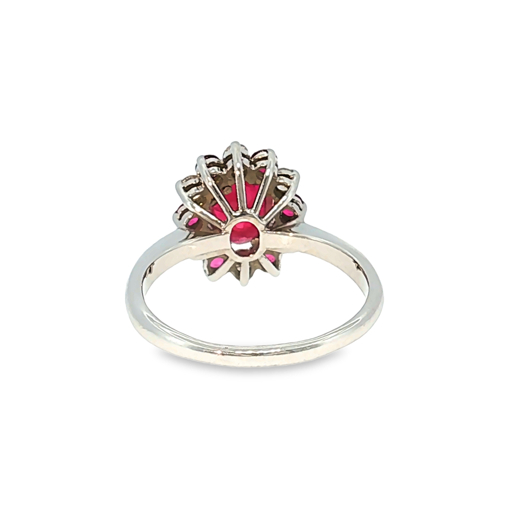 Cocktail Ring in White Gold with Ruby and Diamond Halo