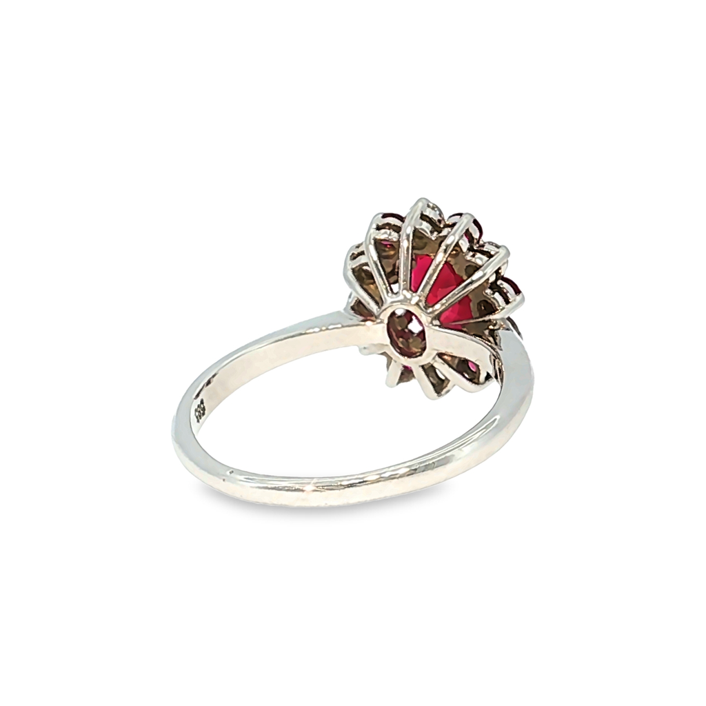 Cocktail Ring in White Gold with Ruby and Diamond Halo