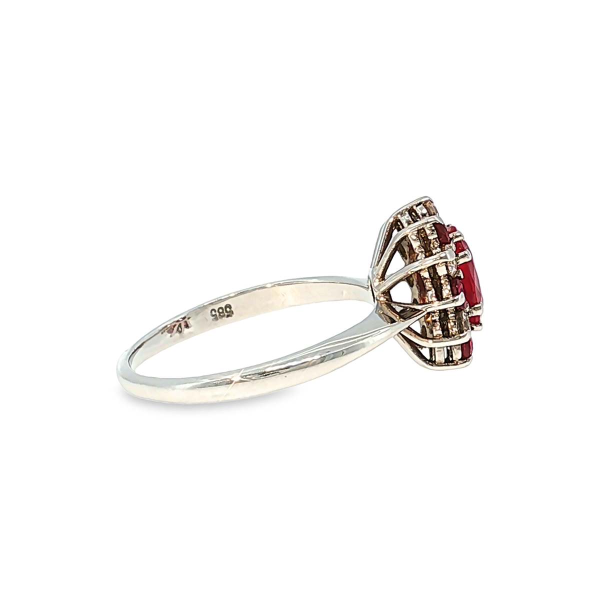 Cocktail Ring in White Gold with Ruby and Diamond Halo