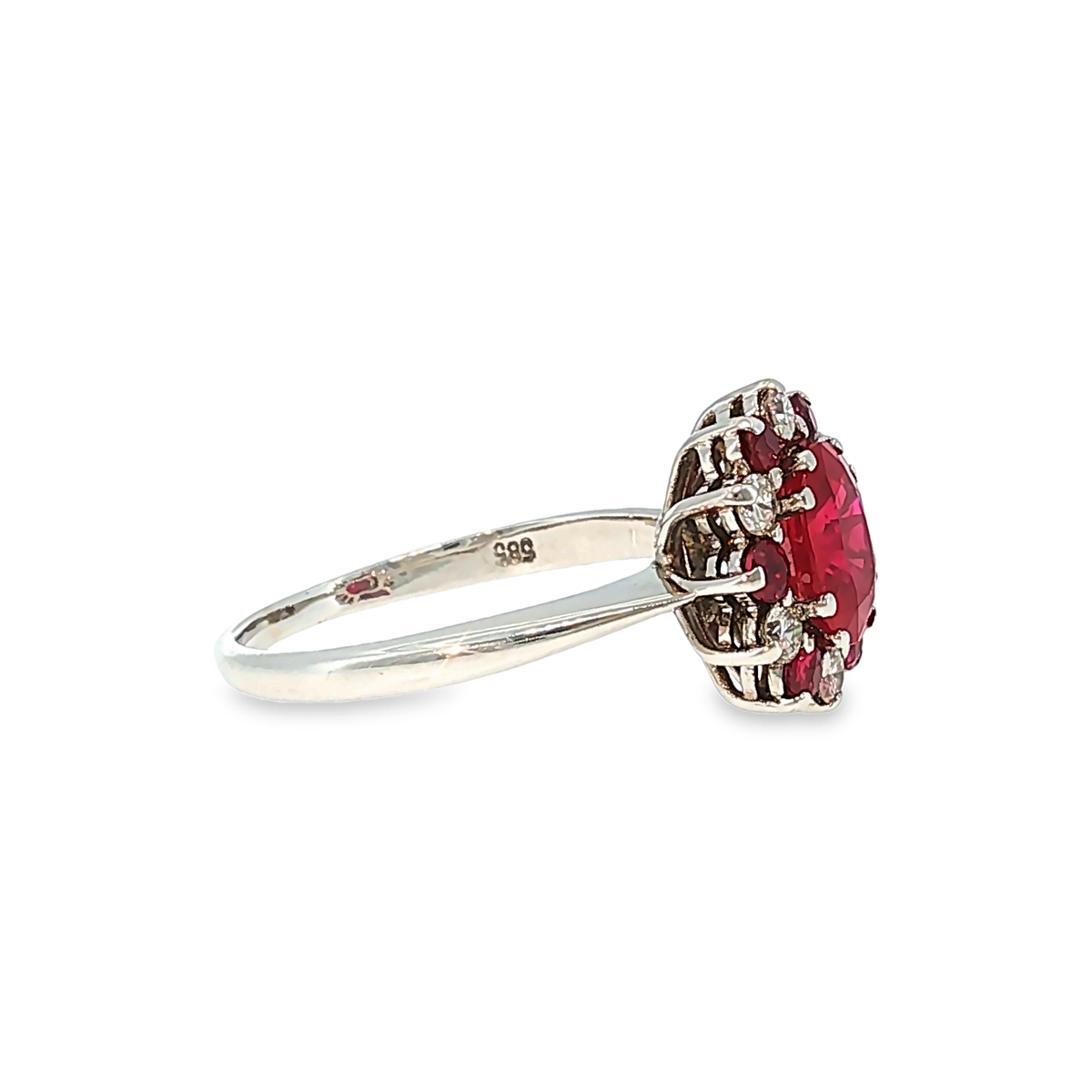 Cocktail Ring in White Gold with Ruby and Diamond Halo