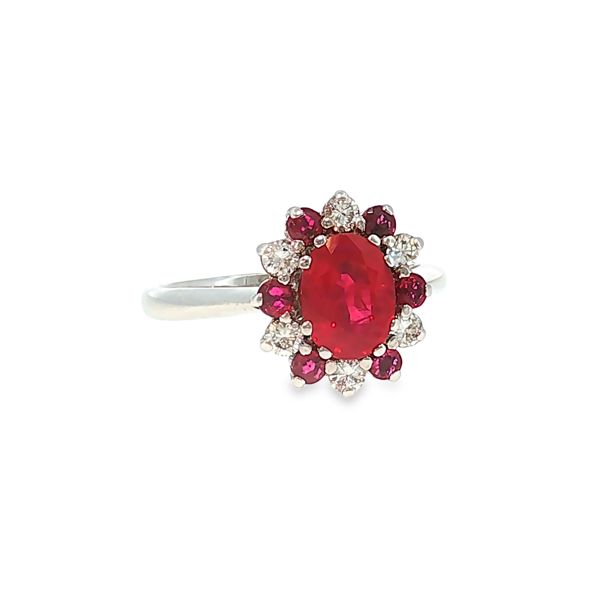 Cocktail Ring in White Gold with Ruby and Diamond Halo