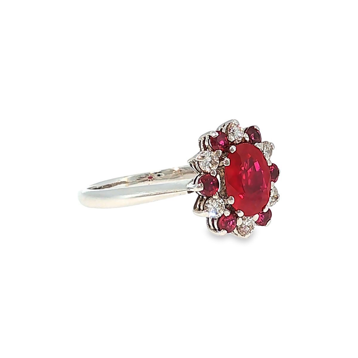 Cocktail Ring in White Gold with Ruby and Diamond Halo