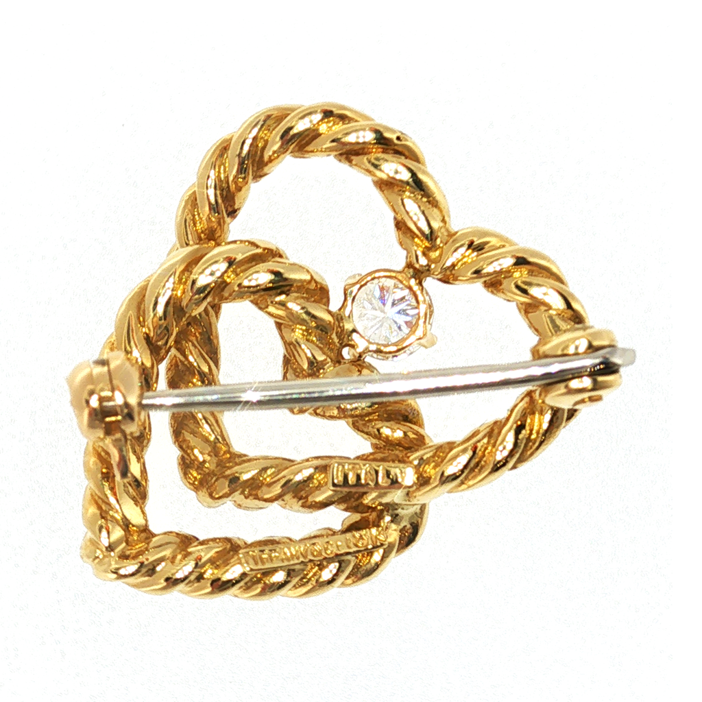 Tiffany Gelbgold-Brosche mit verschlungenen Herzen und Diamant