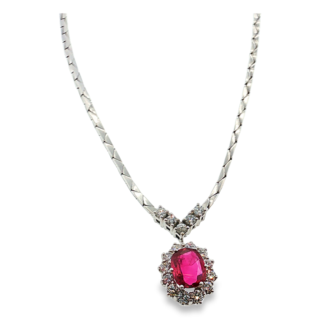 14k White Gold Necklace with Ruby and Diamond Halo