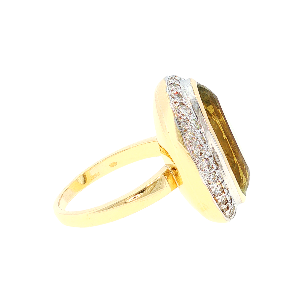 Golden Beryl Ring with Diamond Halo in White and Yellow Gold