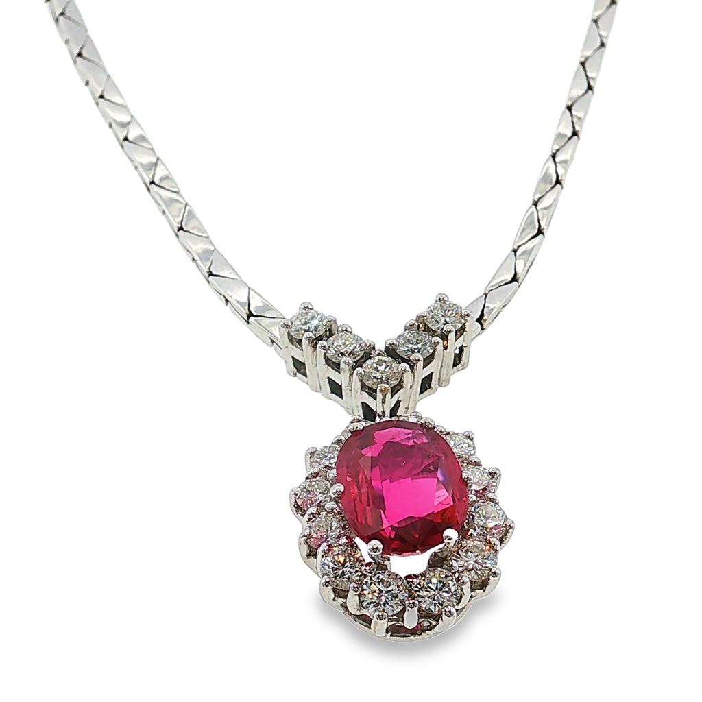 14k White Gold Necklace with Ruby and Diamond Halo