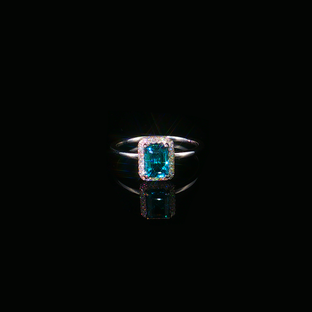 14kt Weißgold Halo-Ring mit 1ct Neonblauem Turmalin