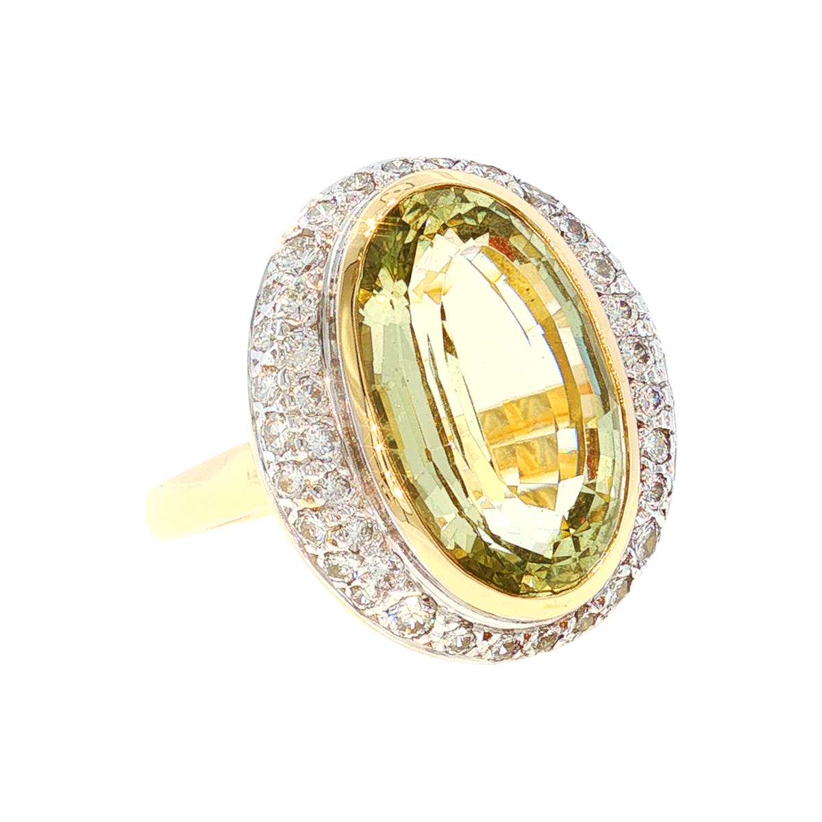 Golden Beryl Ring with Diamond Halo in White and Yellow Gold