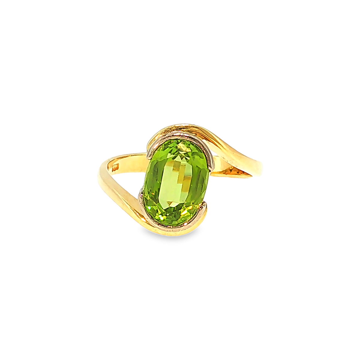 18kt Yellow Gold Solitaire Ring with Approx. 4ct Peridot in Bypass Design