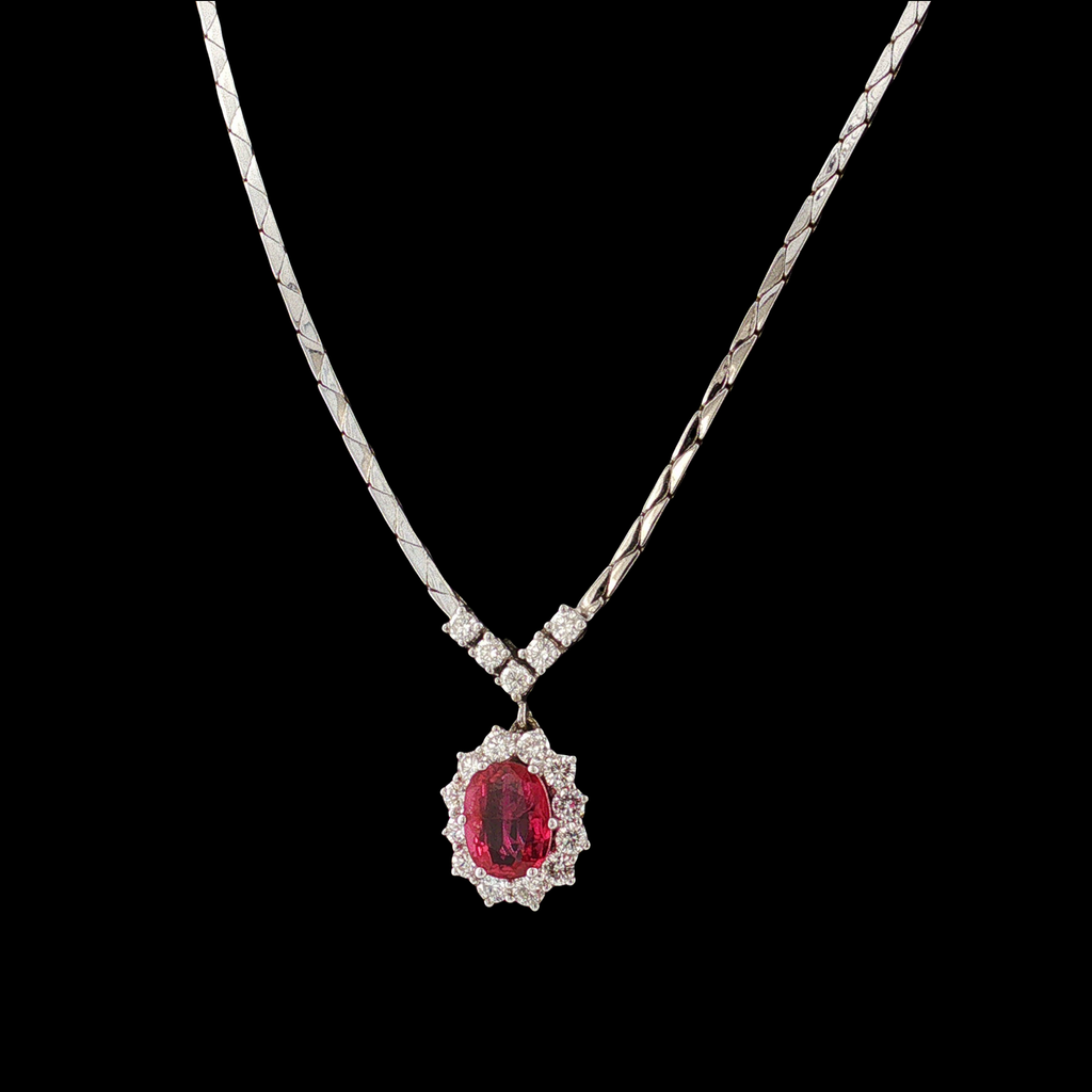 14k White Gold Necklace with Ruby and Diamond Halo